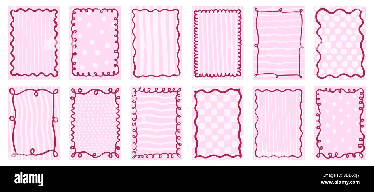 Graziose cornici vettoriali curvate e bordi su sfondo rosa con pois e motivi a strisce, forme rettangolari con linee ondulate in coqu Illustrazione Vettoriale