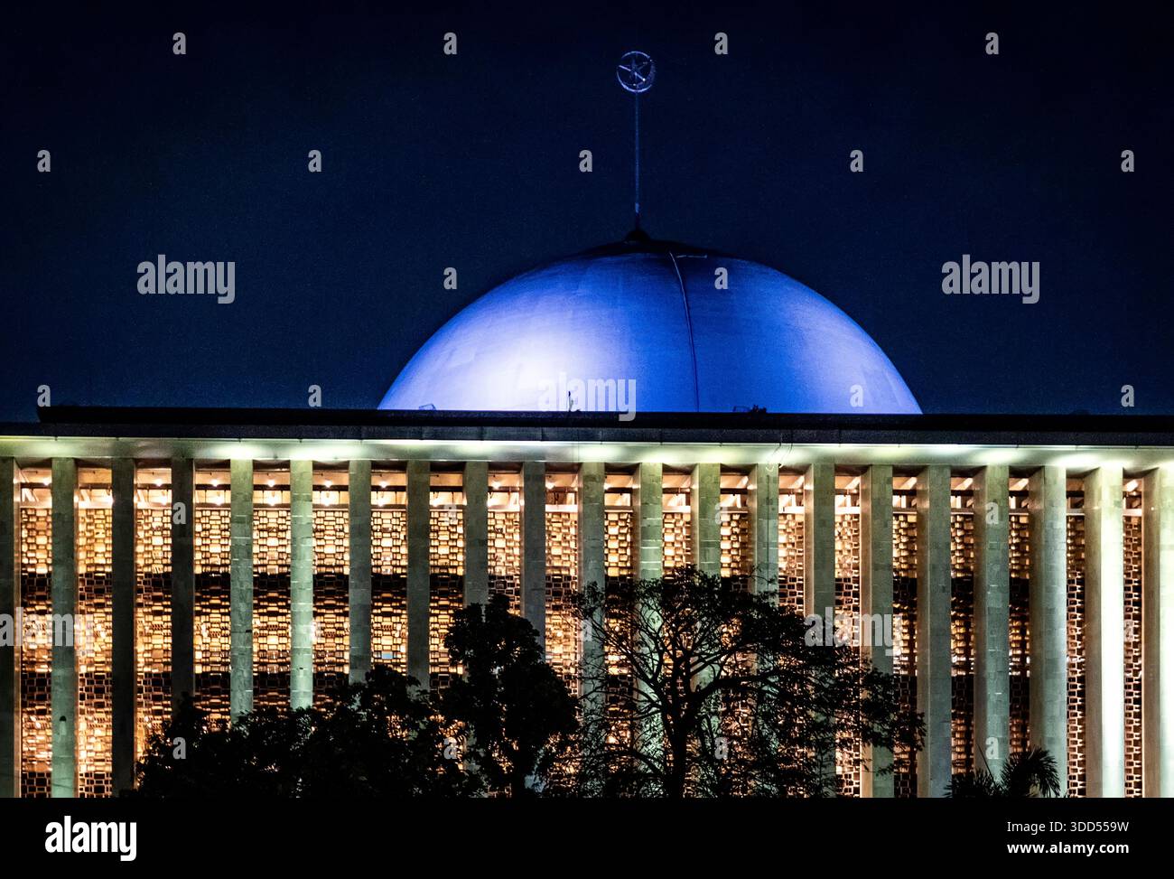 Cupola illuminata di un edificio moderno di notte con alberi in primo piano. Foto Stock