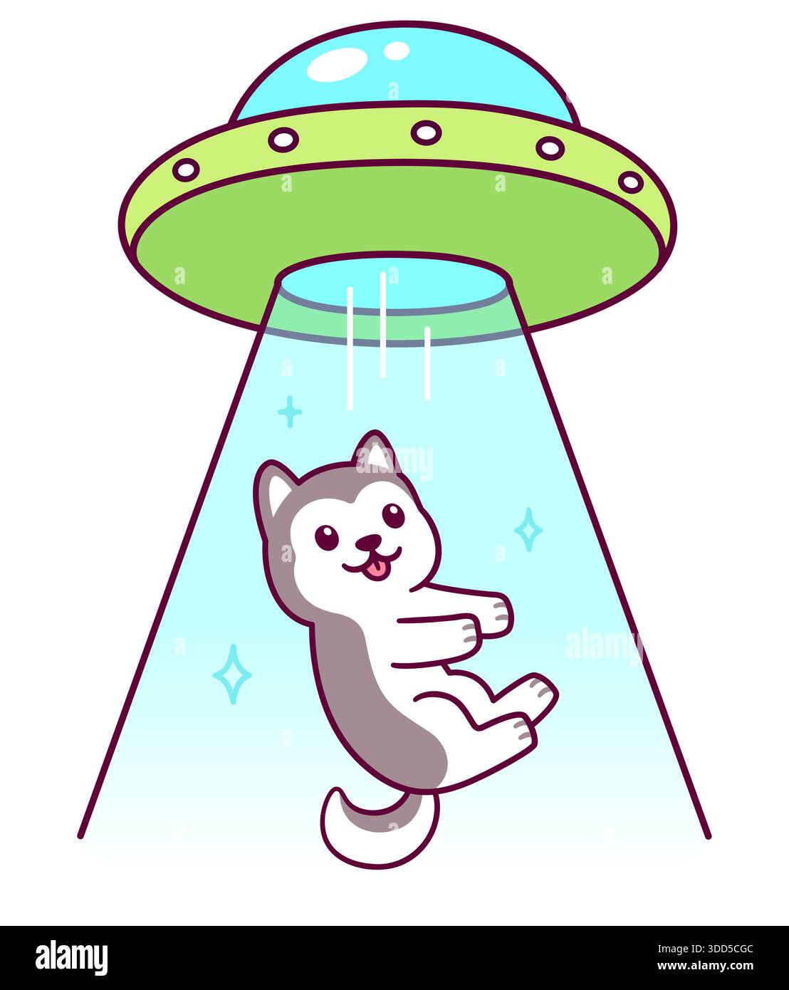 Gli alieni sul disco volante rapiscono il cane. Divertente cartoni animati cucciolo di husky e disegno UFO, illustrazione vettoriale. Illustrazione Vettoriale