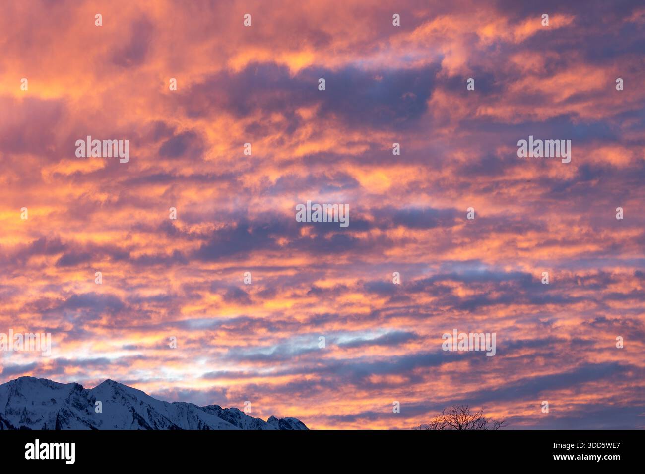 Sfondo cielo - nuvole colorate di ardente tramonto sulle montagne Foto Stock