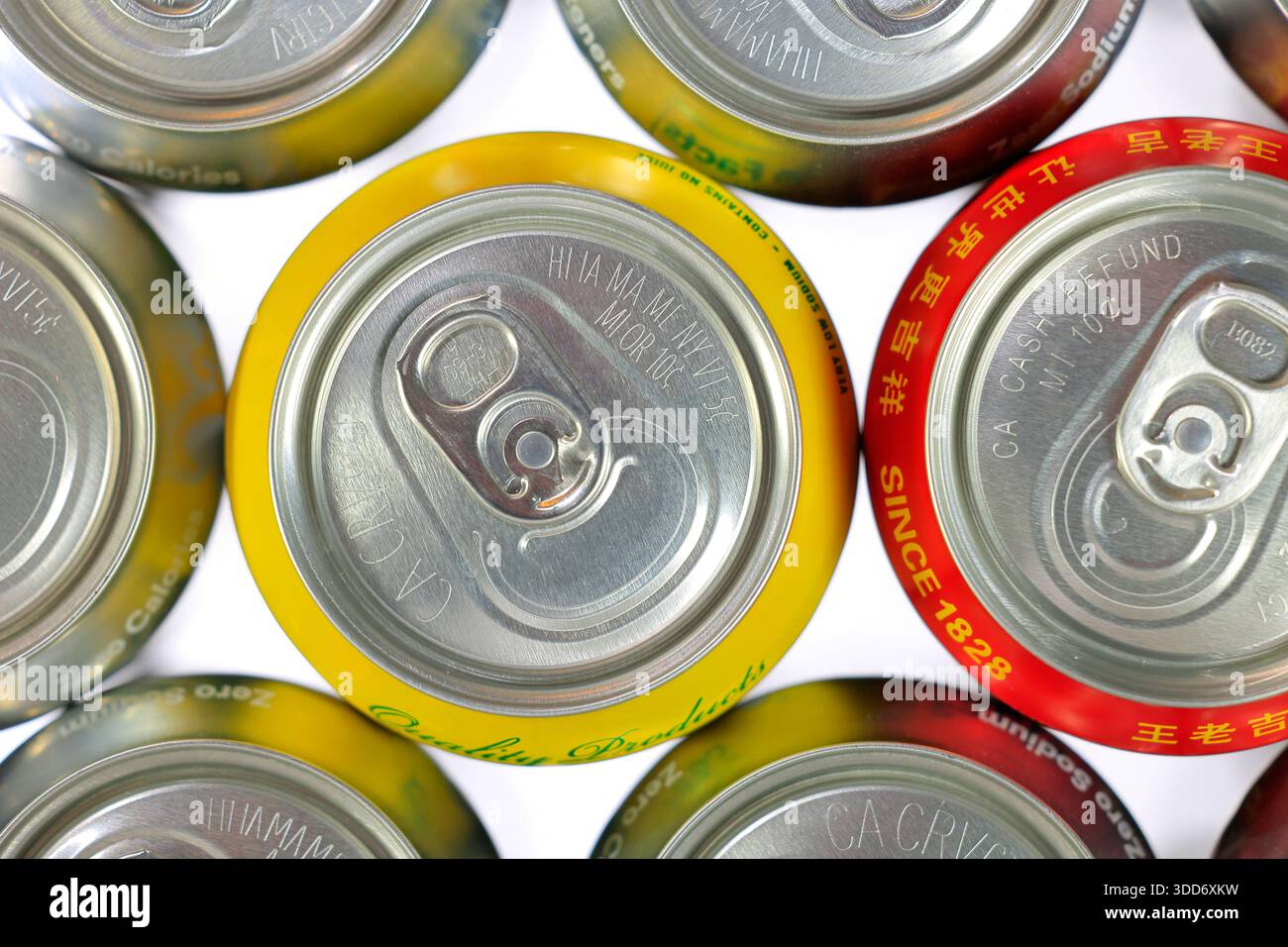 Informazioni sul deposito della bottiglia sul coperchio di un contenitore per bevande in alluminio riciclabile. A partire dal 2025, ci sono 10 stati su 50 negli Stati Uniti che ne hanno ... Foto Stock