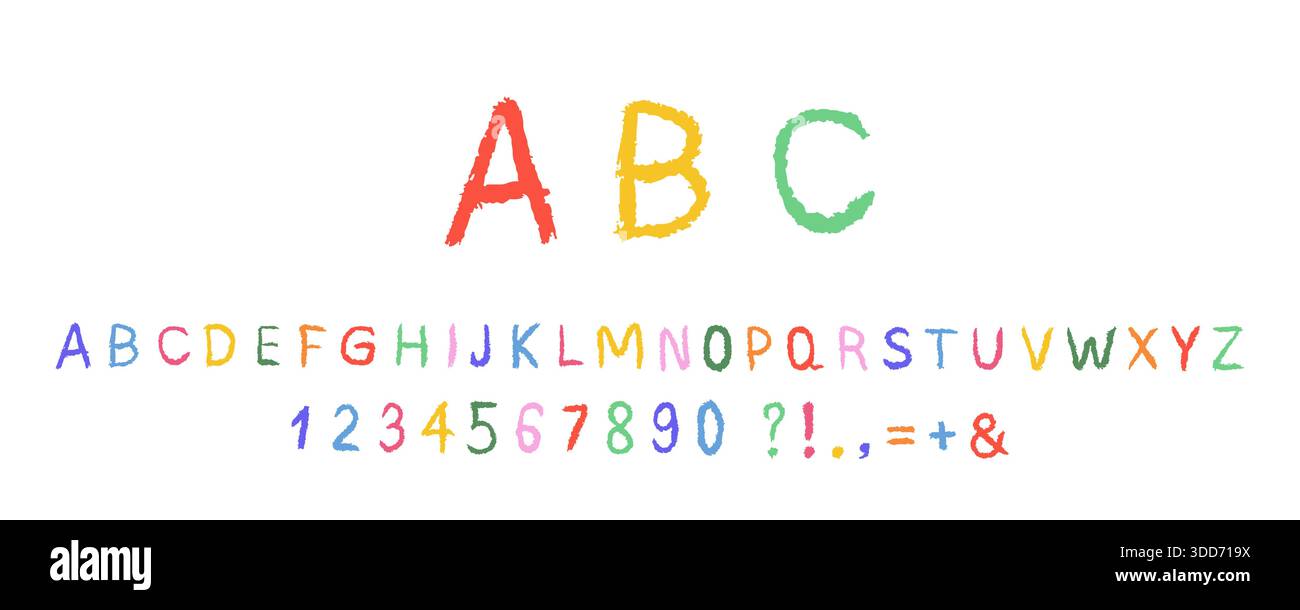 Pastello dell'alfabeto inglese. Carattere ABC ingenuo e infantile con lettere di pastello di cera. Font bambini. Illustrazione vettoriale Illustrazione Vettoriale
