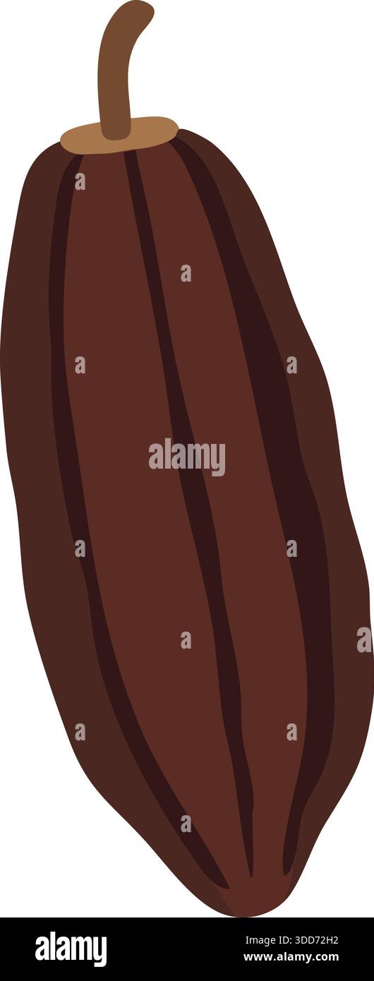 Baccello di cacao marrone a coste con gambo corto raffigurato in profilo. Illustrazione Vettoriale