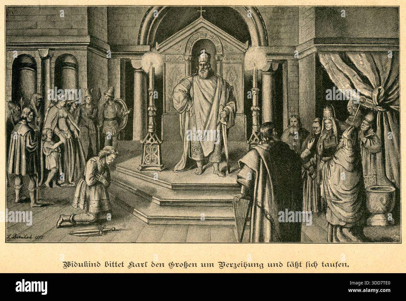 Europa, Widukind bittet Karl den großen um Verzeihung und läßt sich taufen , Motiv aus : ' Unser Vaterland ' , Geschichte des deutschen Volkes von den ältesten Zeiten bis zur Gegenwart , von F. Bornhak , Jubiläumsausgabe 1701 - 1901 , Verlag von Bruer & Co, Berlino , 1901 , 1. Auflage des Buches War von 1895 , Rechte werden nicht vertreten, Künstler mir unbekannt . / Europa, Widukind chiede perdono a Carlo Magno e viene battezzato , immagine tratta da : Unser Vaterland , storia dei popoli tedeschi dai tempi più antichi ai giorni nostri , di F. Bornhak, edizione giubilare Foto Stock