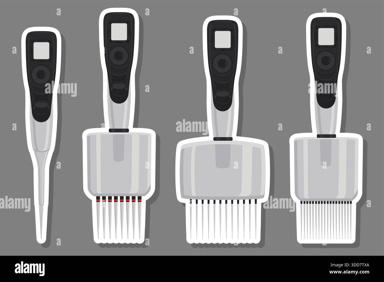 Illustrazione sul tema grande kit pipetta medica diversa, contagocce per laboratorio. Contagocce modello costituito da molte pipette mediche da laboratorio sul retro Illustrazione Vettoriale