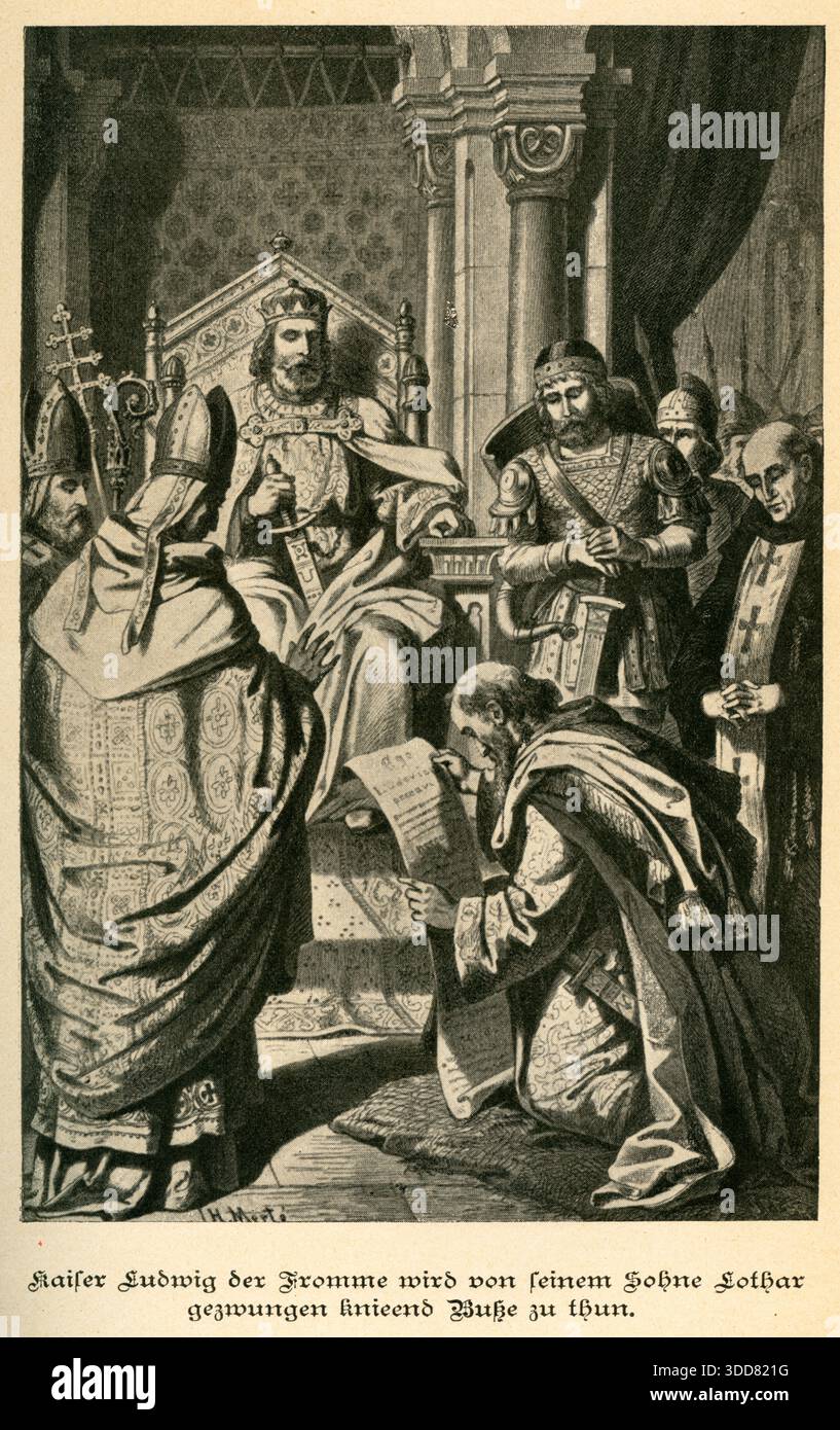 Europa, Kaiser Ludwig der Fromme wird von seinem Sohn Lothar gezwungen knieend Buße zu tun , Motiv aus : ' Unser Vaterland ' , Geschichte des deutschen Volkes von den ältesten Zeiten bis zur Gegenwart , von F. Bornhak , Jubiläumsausgabe 1701 - 1901 , Verlag von Bruer & Co, Berlino , 1901 , 1. Auflage des Buches War von 1895 , Rechte werden nicht vertreten, Künstler mir unbekannt . / Europa, l'Imperatore Ludovico il Pio è costretto dal figlio Lotario a fare penitenza sulle ginocchia , immagine da : Unser Vaterland ( nostra patria ) , storia dei popoli tedeschi dai tempi più antichi fino ai prese Foto Stock