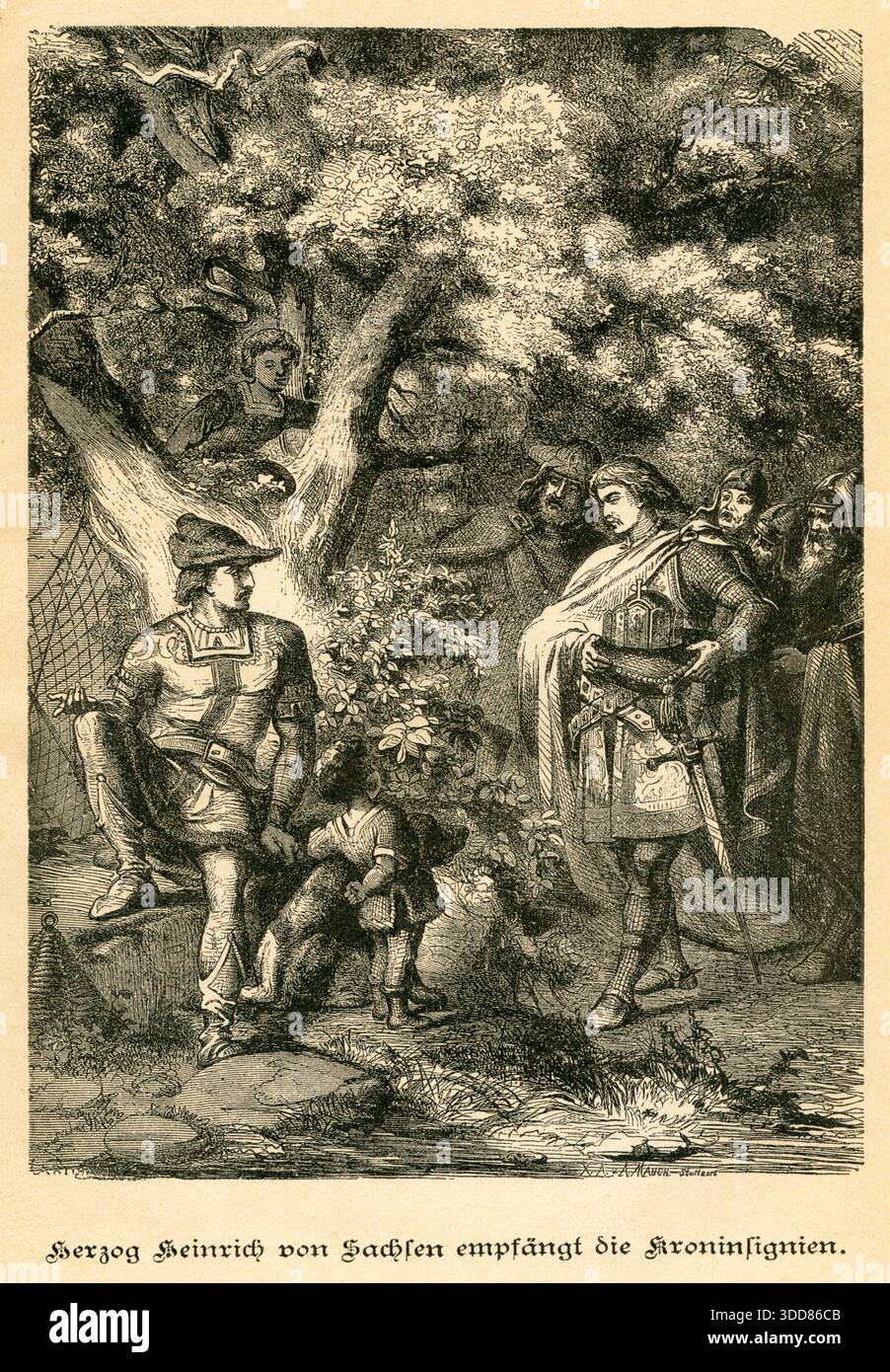 Europa, Herzog Heinrich von Sachsen empfängt die Kroninsignien , Motiv aus : ' Unser Vaterland ' , Geschichte des deutschen Volkes von den ältesten Zeiten bis zur Gegenwart , von F. Bornhak , Jubiläumsausgabe 1701 - 1901 , Verlag von Bruer & Co, Berlino , 1901 , 1. Auflage des Buches War von 1895 , Rechte werden nicht vertreten, Künstler mir unbekannt . / Europa, il duca Enrico di Sassonia ha ricevuto le insegne di incoronazione , immagine da : Unser Vaterland , storia dei popoli tedeschi dai tempi più antichi ai giorni nostri , di F. Bornhak, edizione giubilare 1701-1901 , pu Foto Stock