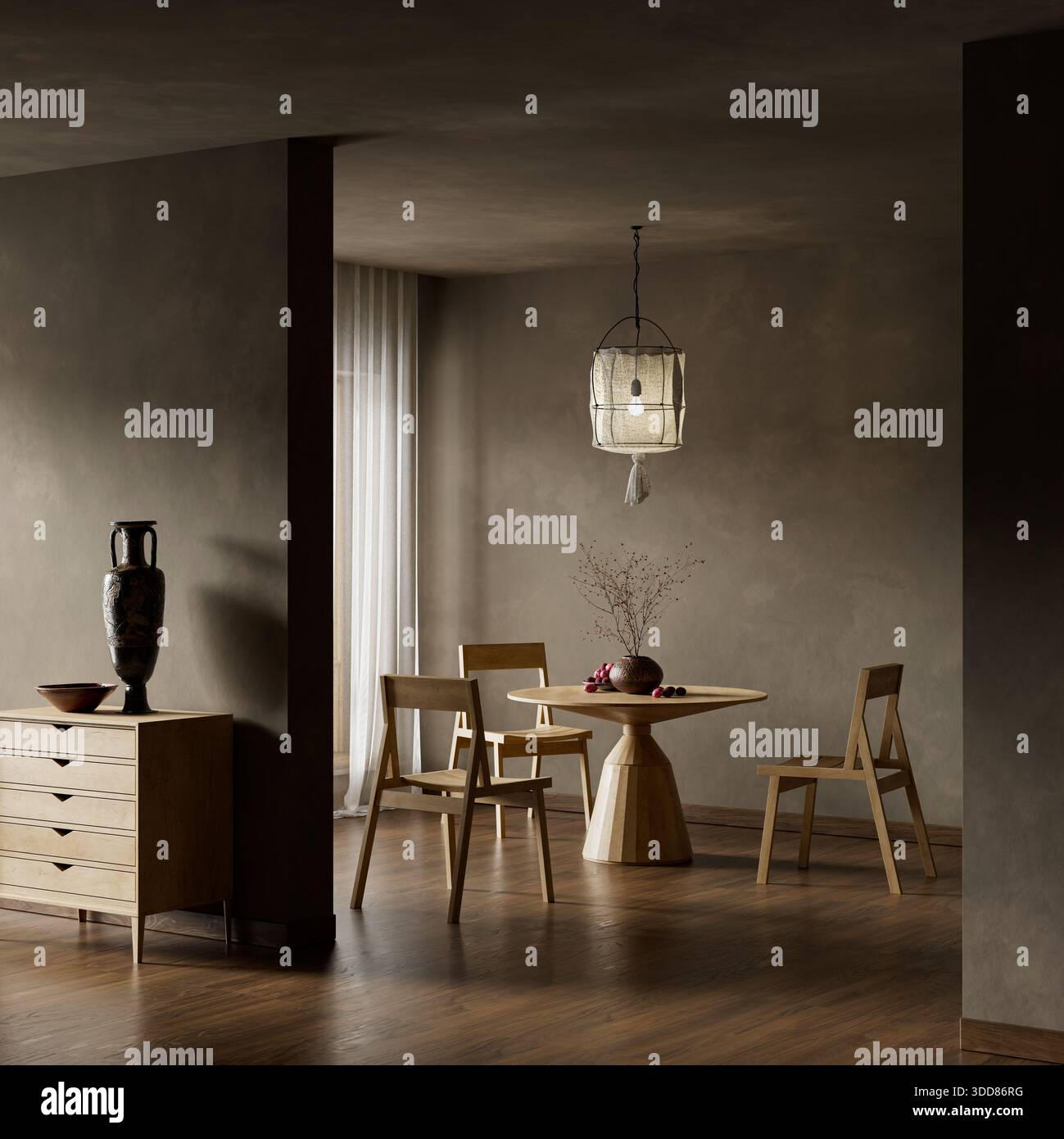 Interni da pranzo japandi scuri e luminosi, con tavolo e sedie in legno naturale, ombre calde, illuminazione con tasti bassi e un'atmosfera minimalista e tranquilla per la modalità Foto Stock