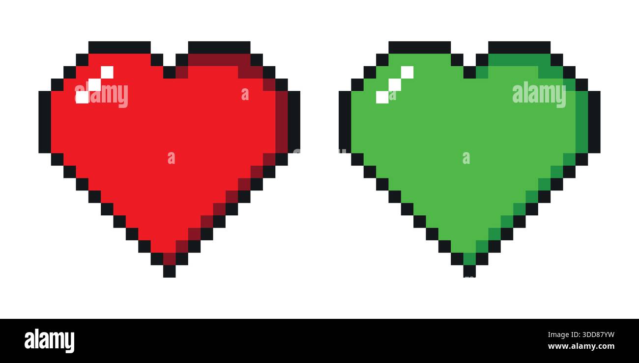 Icona a forma di cuore verde e rosso pixel per uno stile di gioco che simboleggia l'amore con un tocco digitale nostalgico, un'iconografia nostalgica nel design digitale, nella vita o nel gioco Illustrazione Vettoriale