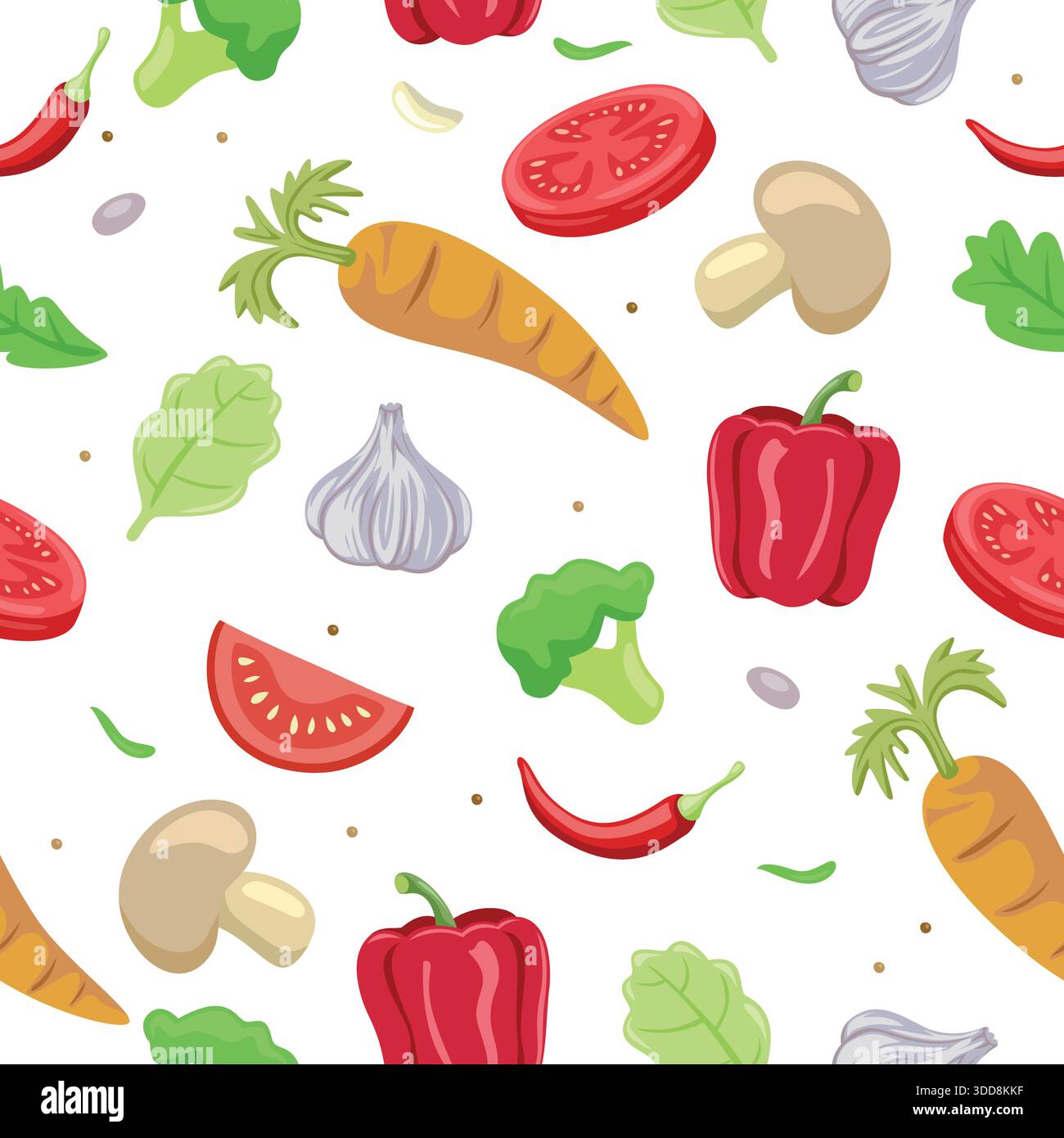 Fantasia senza cuciture di verdure fresche, tra cui carote, pomodoro, broccoli, peperoncino, funghi e peperone su sfondo bianco Illustrazione Vettoriale