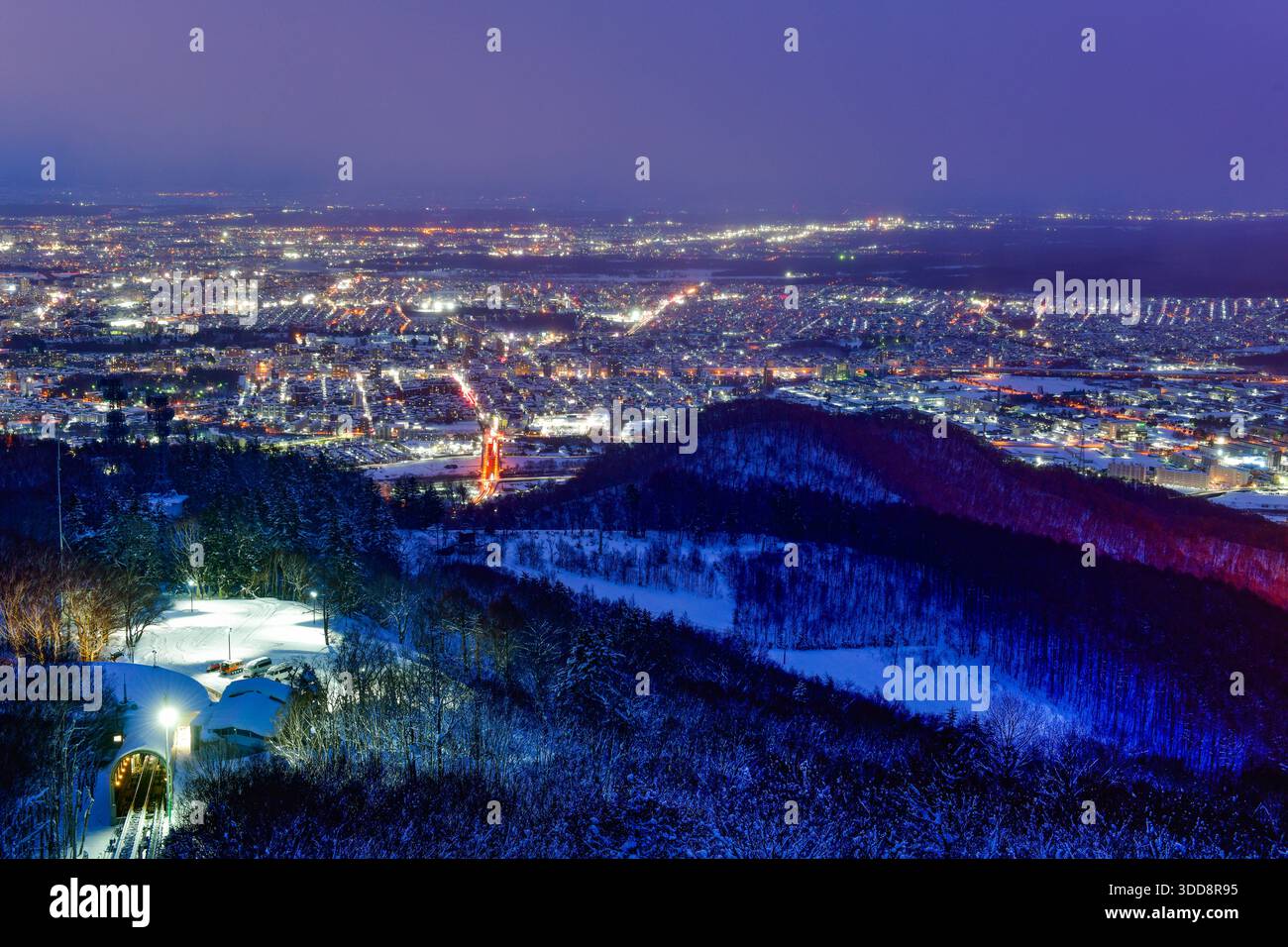 Vista notturna del paesaggio urbano di Sapporo in inverno al crepuscolo dal Monte Osservazione di Moiwa, il miglior punto panoramico della città, Sapporo, Hokkaido, Giappone Foto Stock