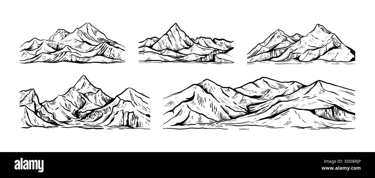 Schizzo di montagna. Area escursionistica grafica disegnata a mano, arte vintage, paesaggio di arrampicata elementi minimali. Roccia con picco. Sfondo naturale, geologia in bianco e nero. Illustrazione del disegno con inchiostro vettoriale Illustrazione Vettoriale