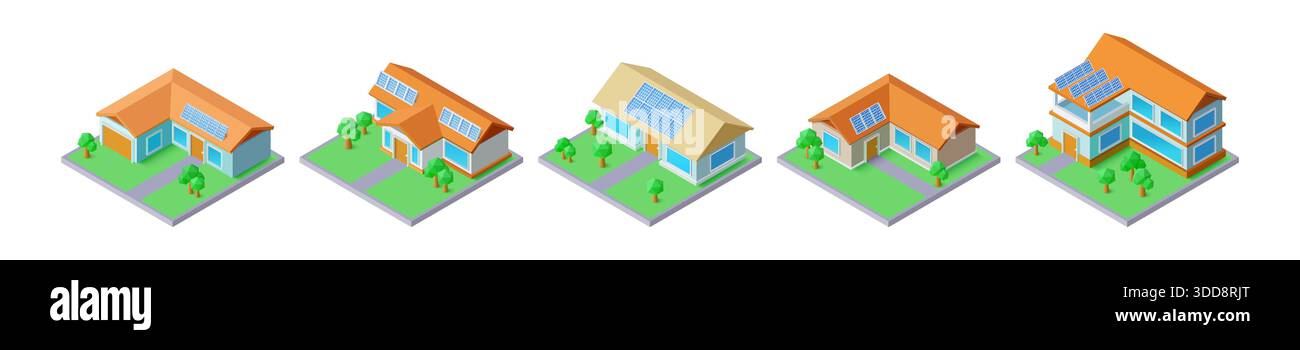 Home 3D. Pannelli solari su edifici residenziali. Appartamento moderno con batteria ecologica sul tetto. Comunità energetica sostenibile. L'immobile rende la residenza. Case isometriche e cortile. Set di icone vettoriali Illustrazione Vettoriale
