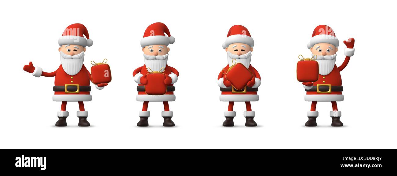babbo natale 3d. Confezione regalo natalizia, regalo carino e personaggi felici in tuta rossa, design per l'anno nuovo. Isolato rappresenta il classico simbolo delle vacanze di natale, uomo divertente in piedi. Illustrazione vettoriale Illustrazione Vettoriale