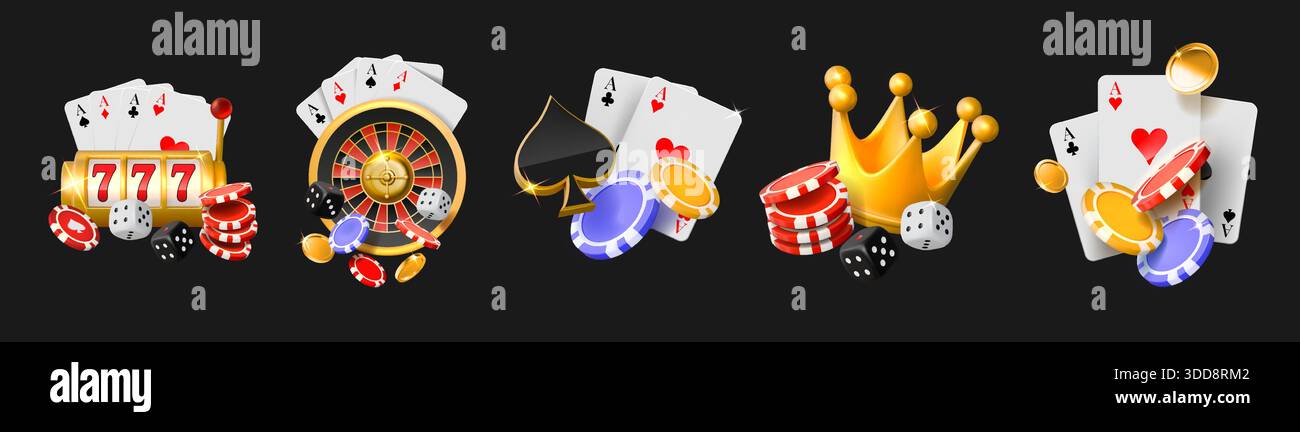 Icone Poker. Carta bonus del gioco del casinò, logo di scommessa oro 3d o gioco di roulette online. Corona d'oro. Dadi e patatine. Intrattenimento Blackjack Luck. Simbolo lucido con jackpot. Illustrazione isolata vettoriale Illustrazione Vettoriale