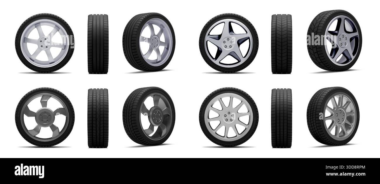 Pneumatici per auto. Pneumatico ruota del veicolo 3D. Parte invernale con battistrada bianco o texture estiva nera nel profilo. Protezione in gomma anteriore e laterale. Ricambio per automobi Illustrazione Vettoriale