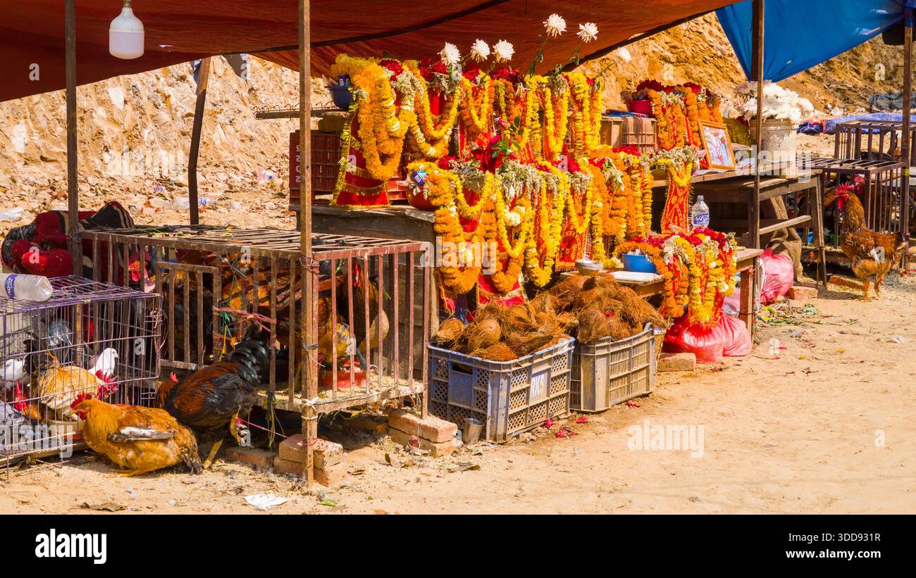 Le bancarelle del mercato espongono corone e animali per offerte religiose, creando una vivace scena cerimoniale. Foto Stock