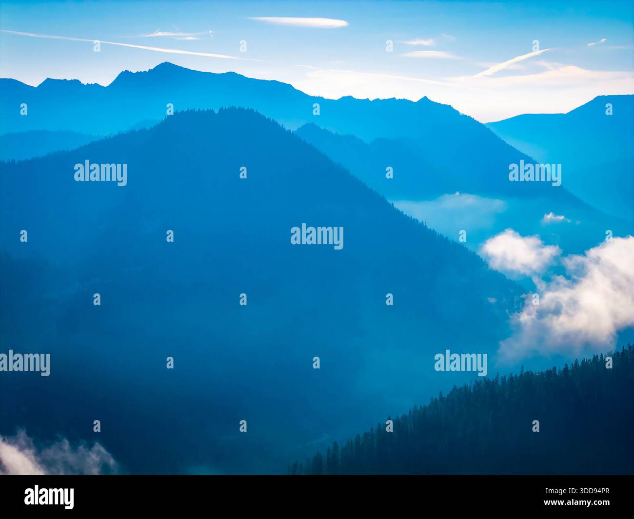 Una splendida vista aerea panoramica che mostra l'ampio monte Baker-Snoqualmie National Forest, con i suoi lussureggianti paesaggi illuminati sotto un cielo di sole Foto Stock