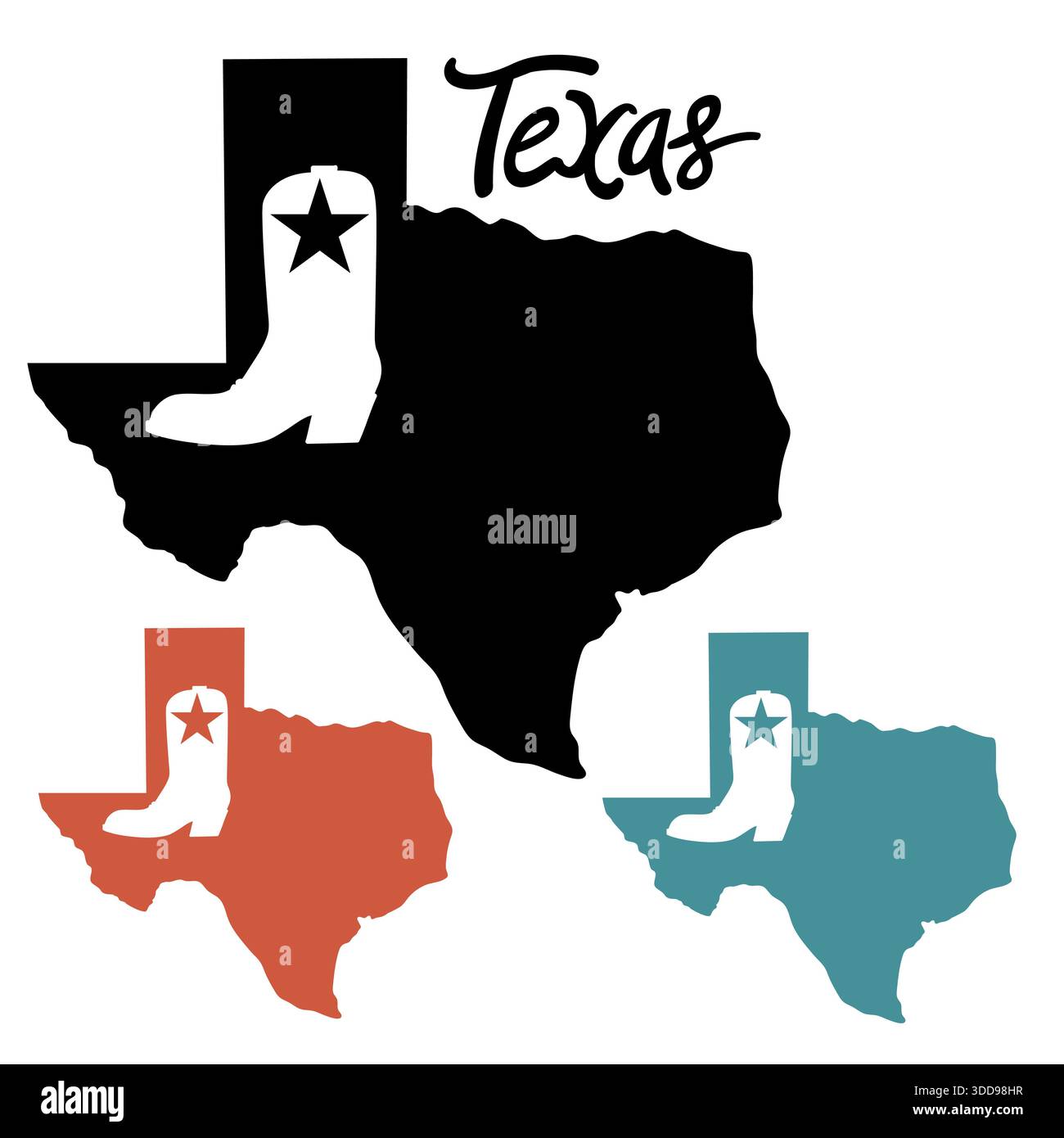 Texas Set mappa la silhouette con stivale da cowboy. Illustrazione vettoriale dello sfondo della silhouette della mappa del Texas con stivale country cowboy isolato su bianco per desi Illustrazione Vettoriale