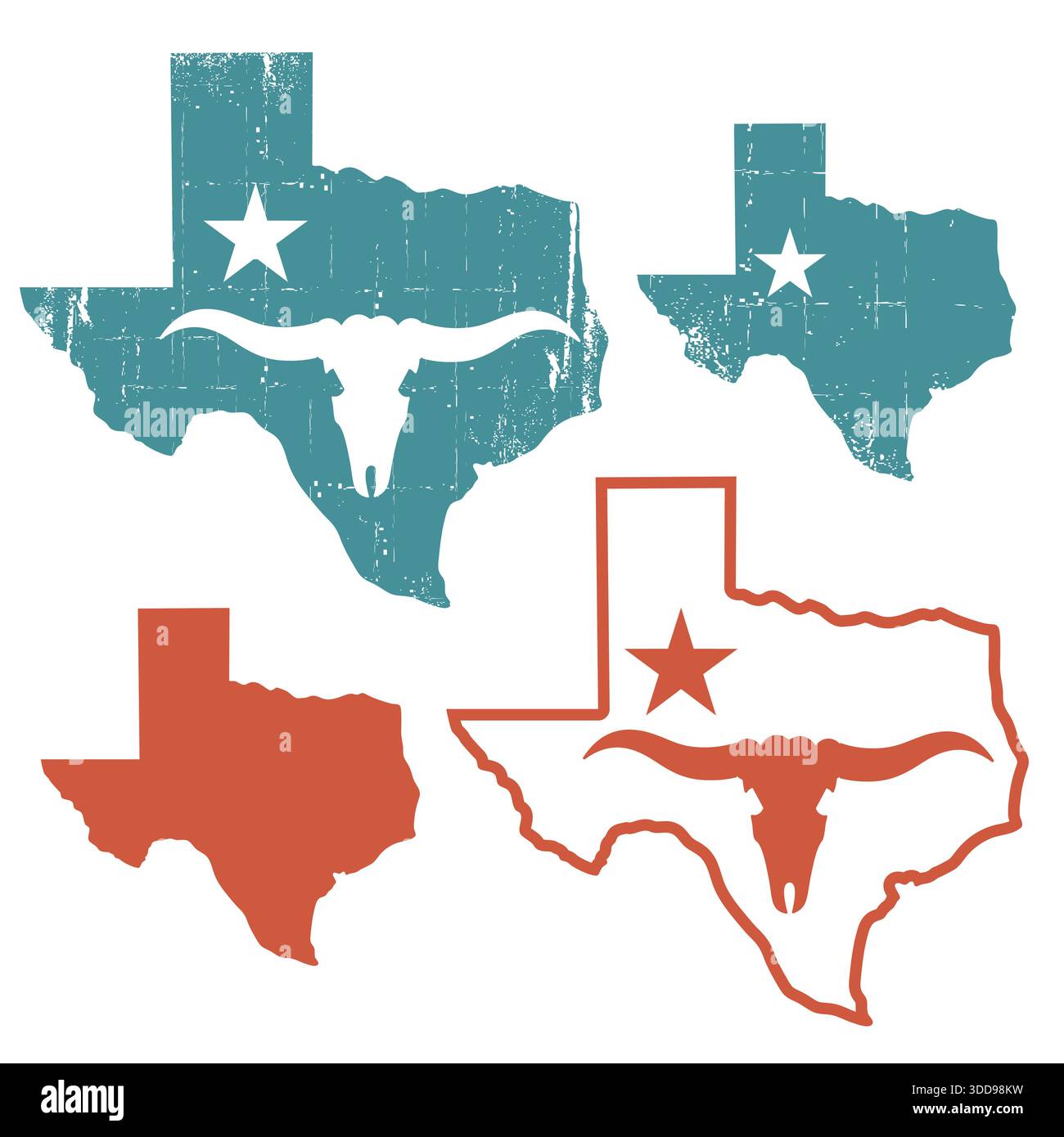 Texas Set mappa la silhouette con il teschio di toro e la stella simbolo. Illustrazione vettoriale della silhouette della mappa Texas vecchio sfondo graffiato isolato su bianco per Illustrazione Vettoriale