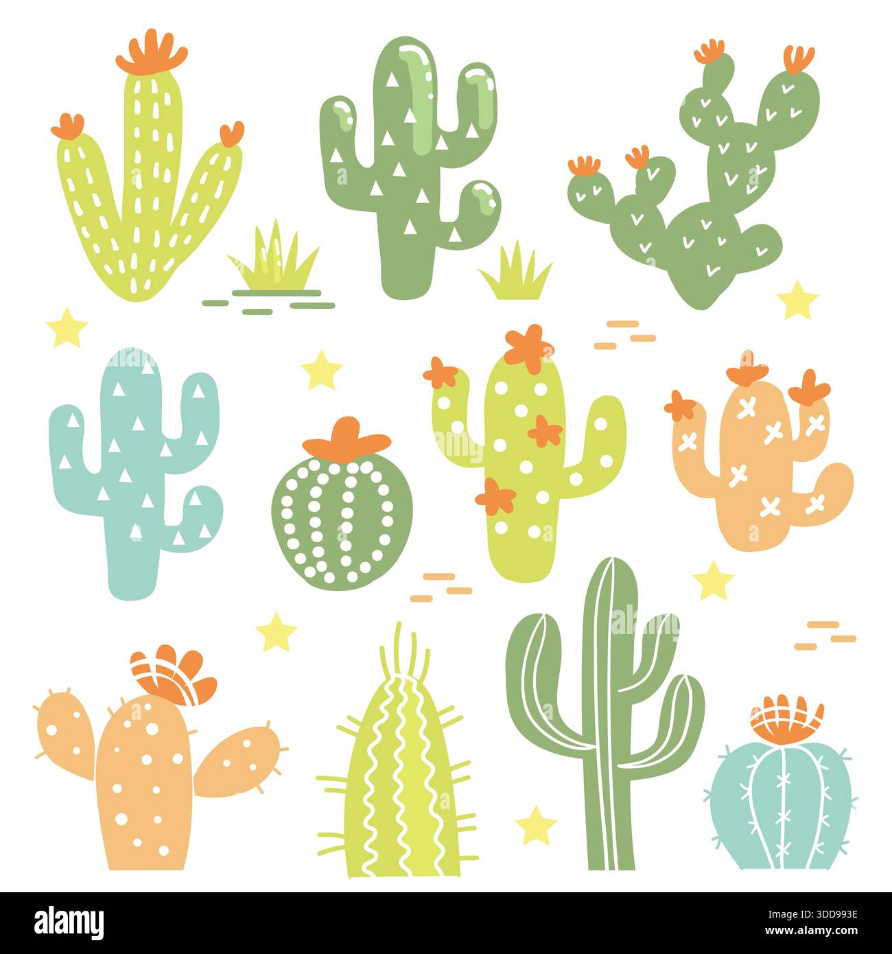 Cactuses Set isolato. Set di colori vettoriali, cactus, aloe disegnato a mano colori teneri illustrazione isolata su bianco Illustrazione Vettoriale