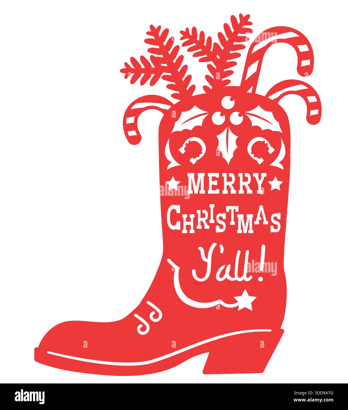 Cowboy, buon Natale. Illustrazione rossa con stampa vettoriale con silhouette da stivale Cowboy Country e testo natalizio isolato sul bianco per un design elegante Illustrazione Vettoriale