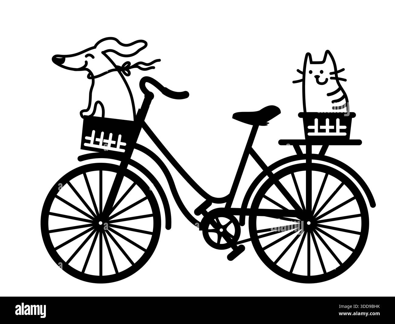 Silhouette da città con cane felice e gatto carino nel cestino in vimini. Illustrazione grafica vettoriale di una bicicletta romantica isolata su sfondo bianco per il de Illustrazione Vettoriale