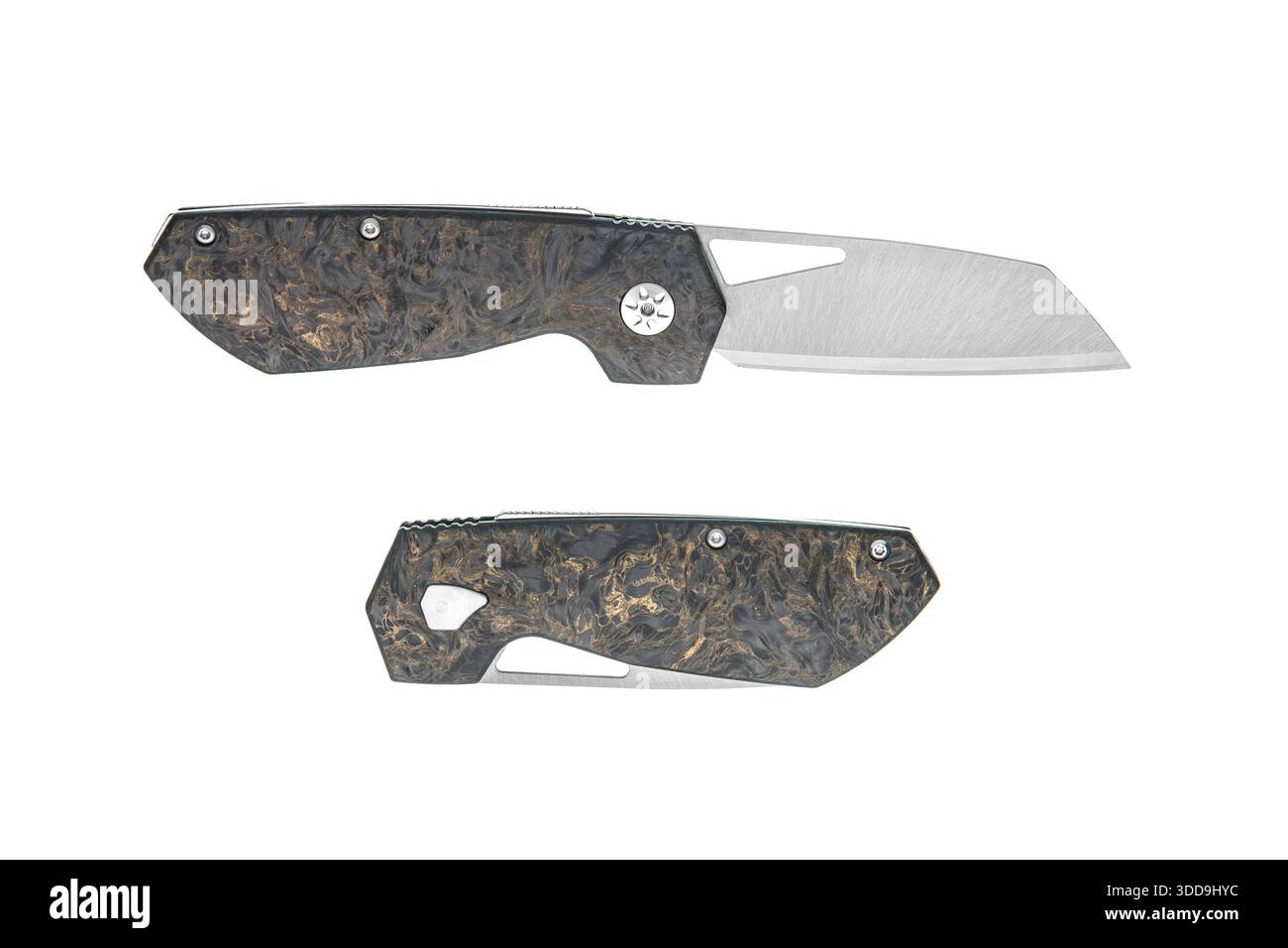 Moderno coltello tascabile pieghevole con manico in fibra di carbonio testurizzata e lama a zampa di montone bianca. Foto Stock