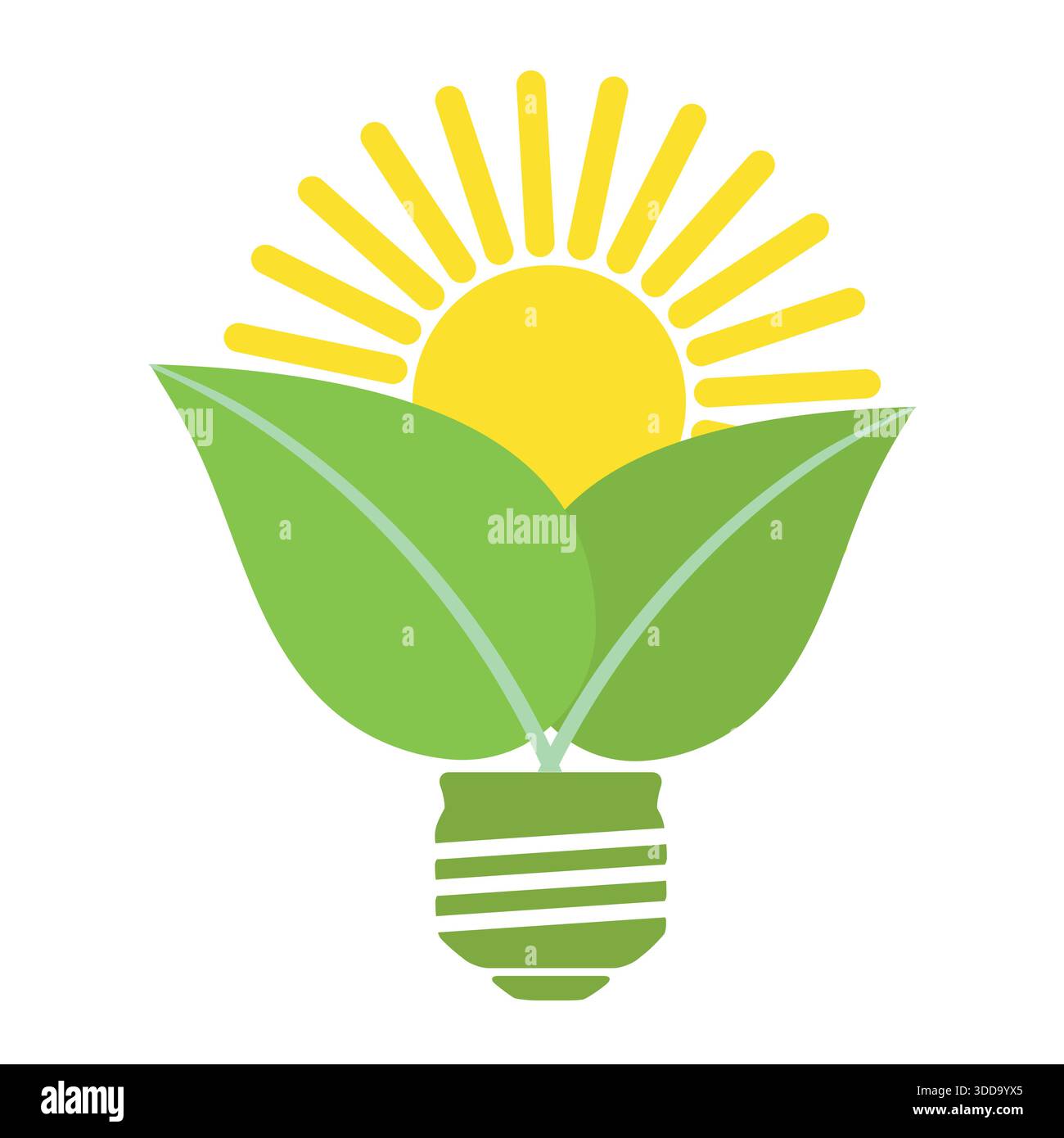 Il sole sorge sulle foglie a forma di lampada. Concetto di energia alternativa. Fattoria biologica verde, prodotti freschi naturali Illustrazione Vettoriale