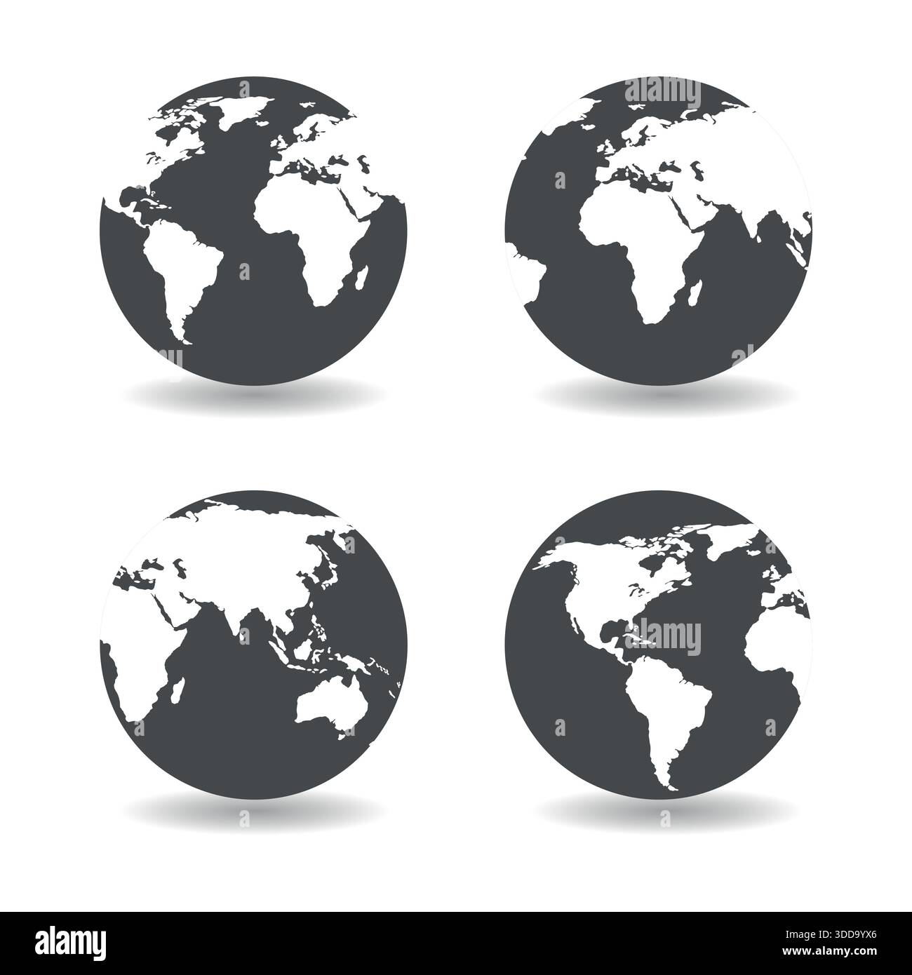 serie di illustrazioni del globo terrestre con continenti e ombre su sfondo bianco Illustrazione Vettoriale