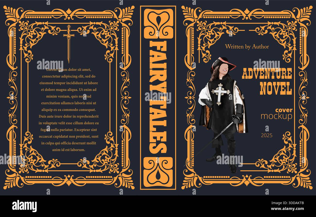 Musketeer sta posando con un layout di testo vintage, una cornice decorata e un titolo per un modello di copertina di un romanzo d'avventura Illustrazione Vettoriale