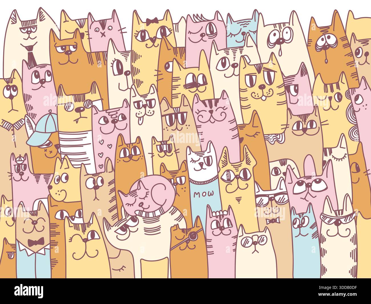 Illustrazione dei colori vettoriali di sfondo dei gatti. Simpatici gatti cartoni animati vettoriali, scarabocchiate disegnate a mano Illustrazione Vettoriale