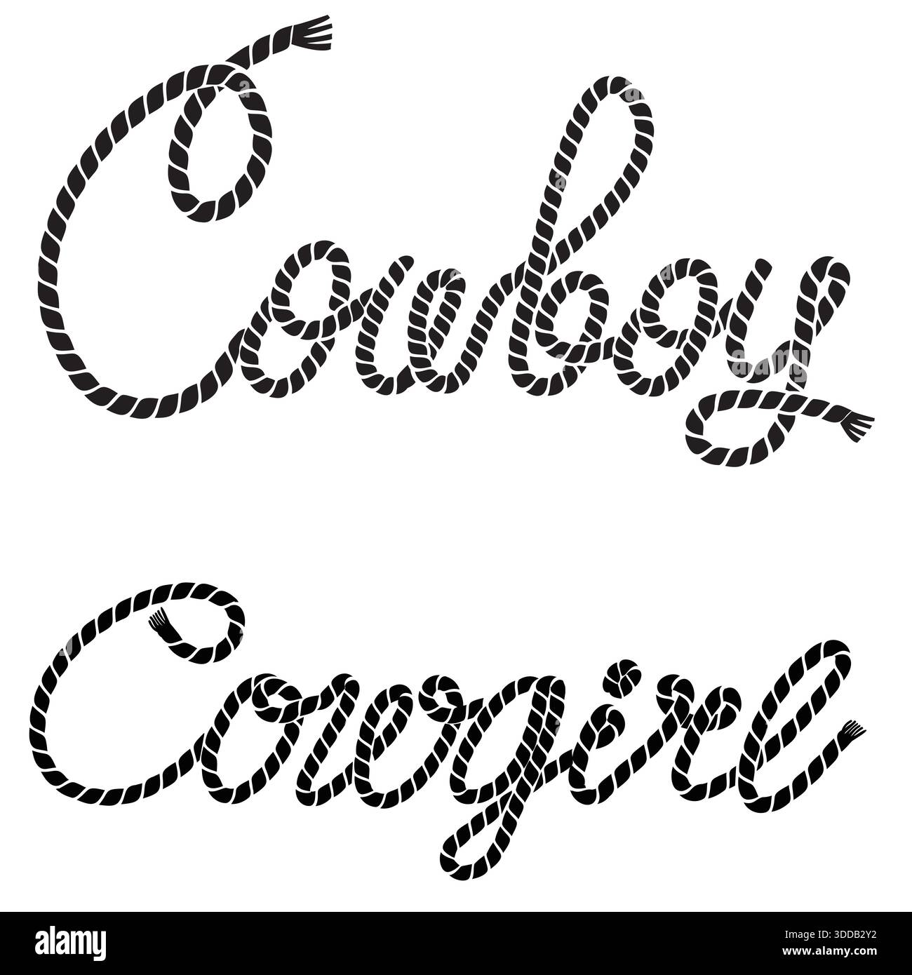 Un vettore in stile western che presenta un esclusivo testo in corda ispirato alla scritta in lazo cowboy. Questo design tipografico rustico è perfetto per un progetto a tema cowgirl Illustrazione Vettoriale