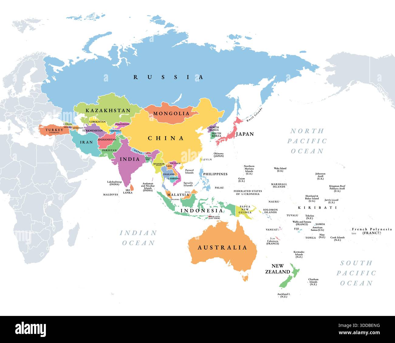 Regione Asia-Pacifico, mappa politica multicolore dell'Indo-Pacifico. Paesi e territori di una grande regione geopolitica ed economica. Foto Stock