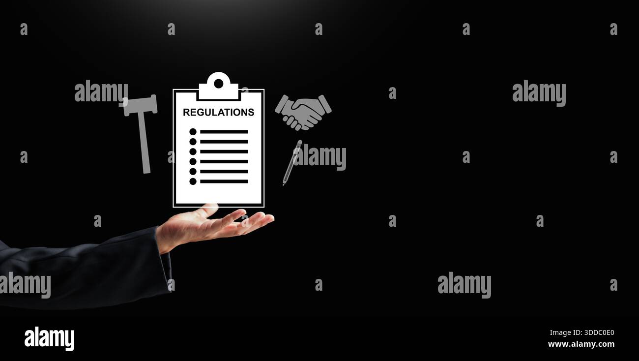 Normative aziendali e concetto di conformità con elenchi di controllo dei documenti legali, governance e icone di accordi che fluttuano sopra una mano aperta, simboleggiando la Foto Stock