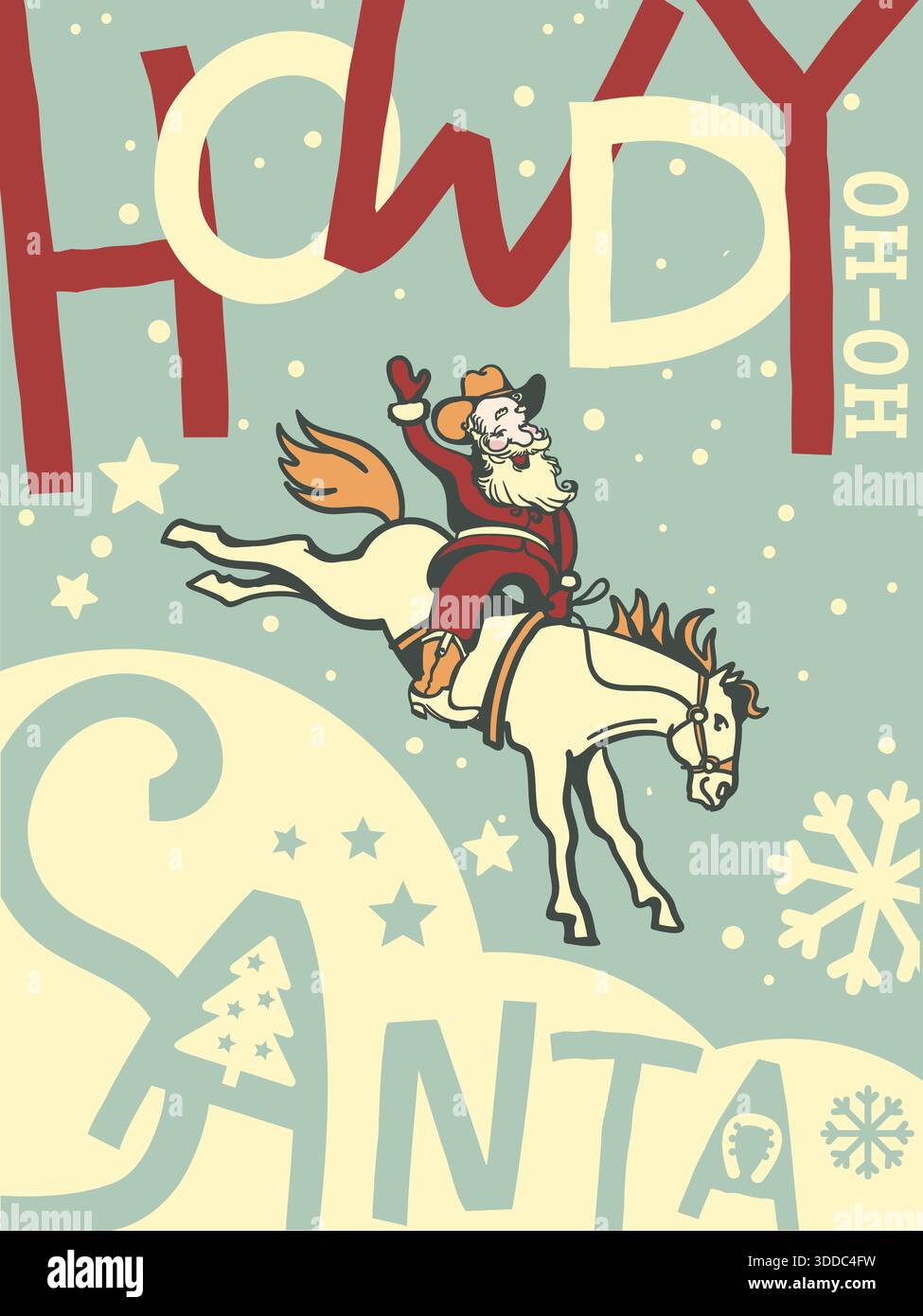 Illustrazione vettoriale di Howdy Santa. Illustrazione natalizia occidentale Babbo Natale a cavallo con tipografia Howdy Babbo Natale e ho testo in vintage c Illustrazione Vettoriale