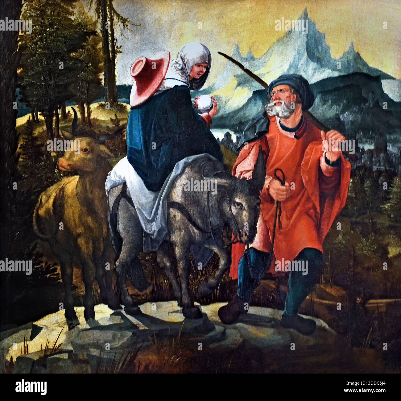 Die Flucht nach Agypten -The Flight to Egypt - 1525 di Wolf Huber ( 1485 – 1553) Austria austriaca ( volo in Egitto, San Giuseppe, Vergine Maria , Gesù bambino fuggito in Egitto, per salvare quest'ultimo dall'essere, ucciso, dal re Erode il grande, ) Foto Stock