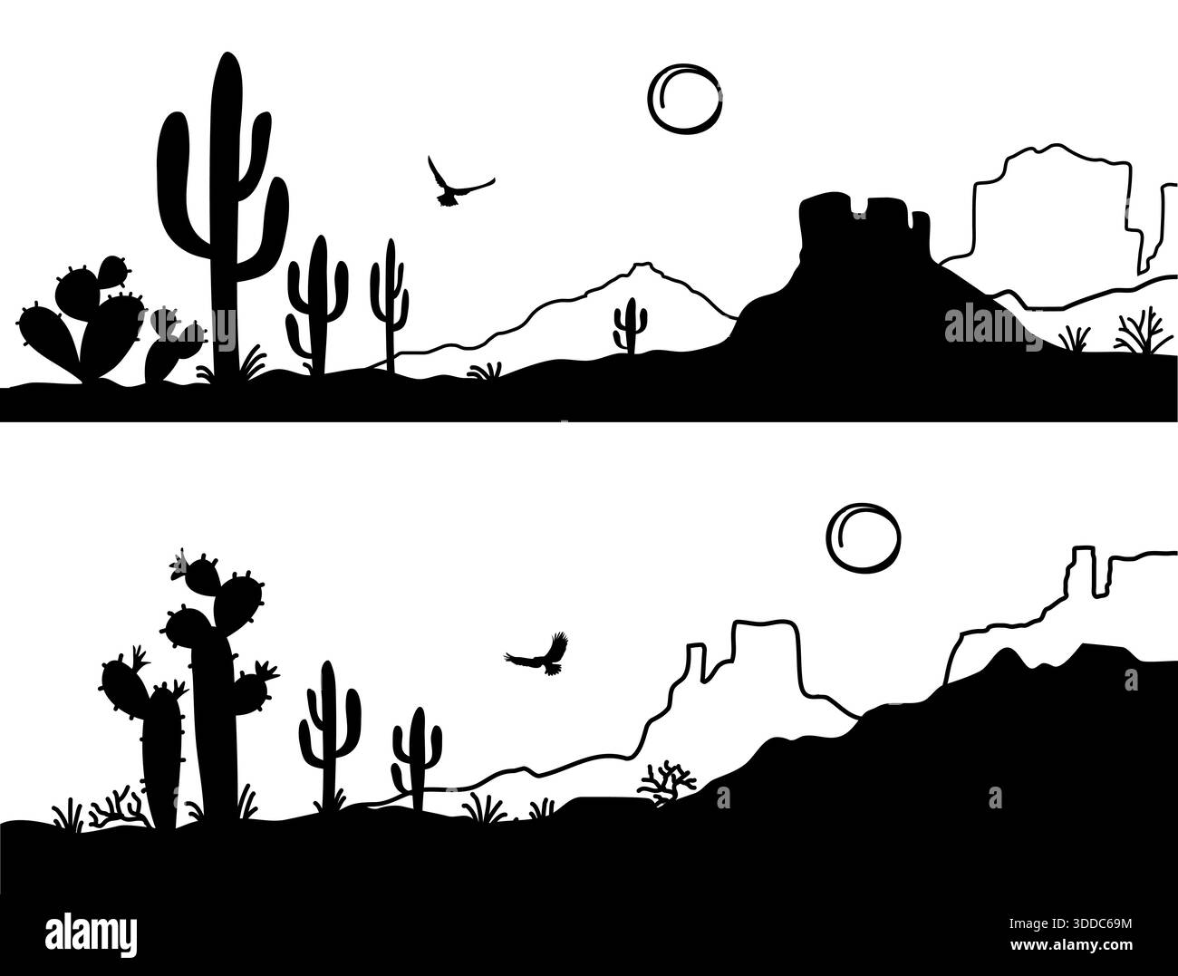 Paesaggio desertico con cactus. Arizona Desert Mountains silhouette nera isolata su bianco. Sfondo orizzontale della natura vettoriale Illustrazione Vettoriale