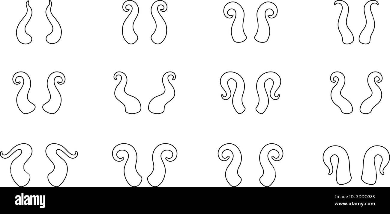 Contorno di corna fantasia. Disegni decorativi curvi del corno animale per tatuaggi, tribali, mostri e temi illustrativi Illustrazione Vettoriale