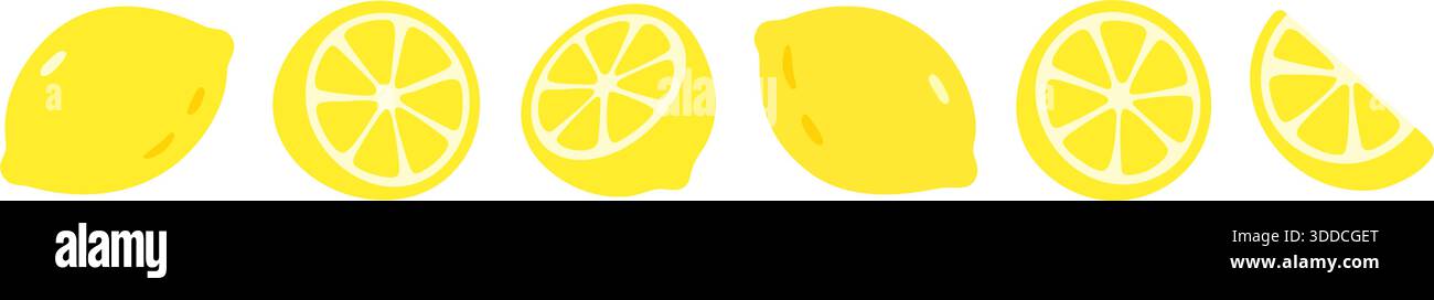 Set di limoni gialli piatti e fette su sfondo bianco Illustrazione Vettoriale