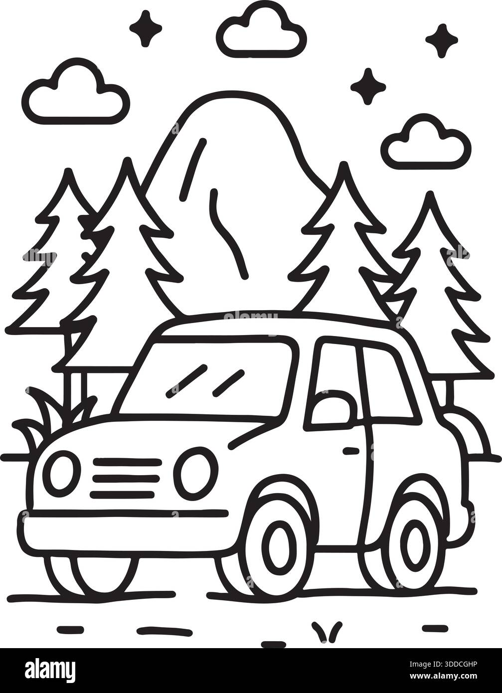 Cartoni animati con alberi di pino e illustrazione artistica della linea di formazione rocciosa Illustrazione Vettoriale