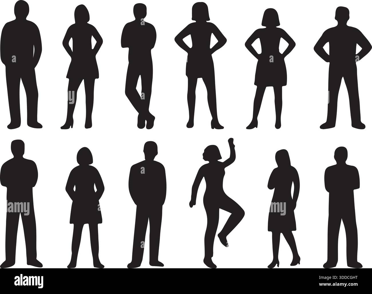 Sagome umane ambientano dodici figure maschili e femminili in varie pose e costumi illustrazione vettoriale Illustrazione Vettoriale