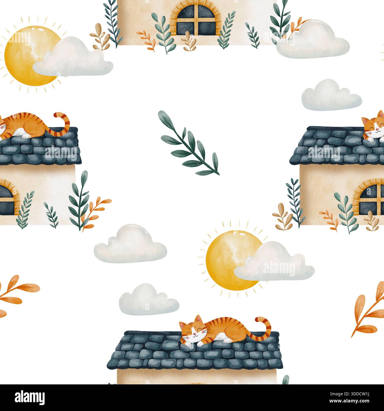 Colorazione ad acquerello allegra e senza cuciture di un gatto dello zenzero addormentato su una casa dal tetto blu, circondata da piante sotto il cielo soleggiato, perfetta per la carta da parati vivaio. Sfondo bianco, disegnato a mano. Foto Stock