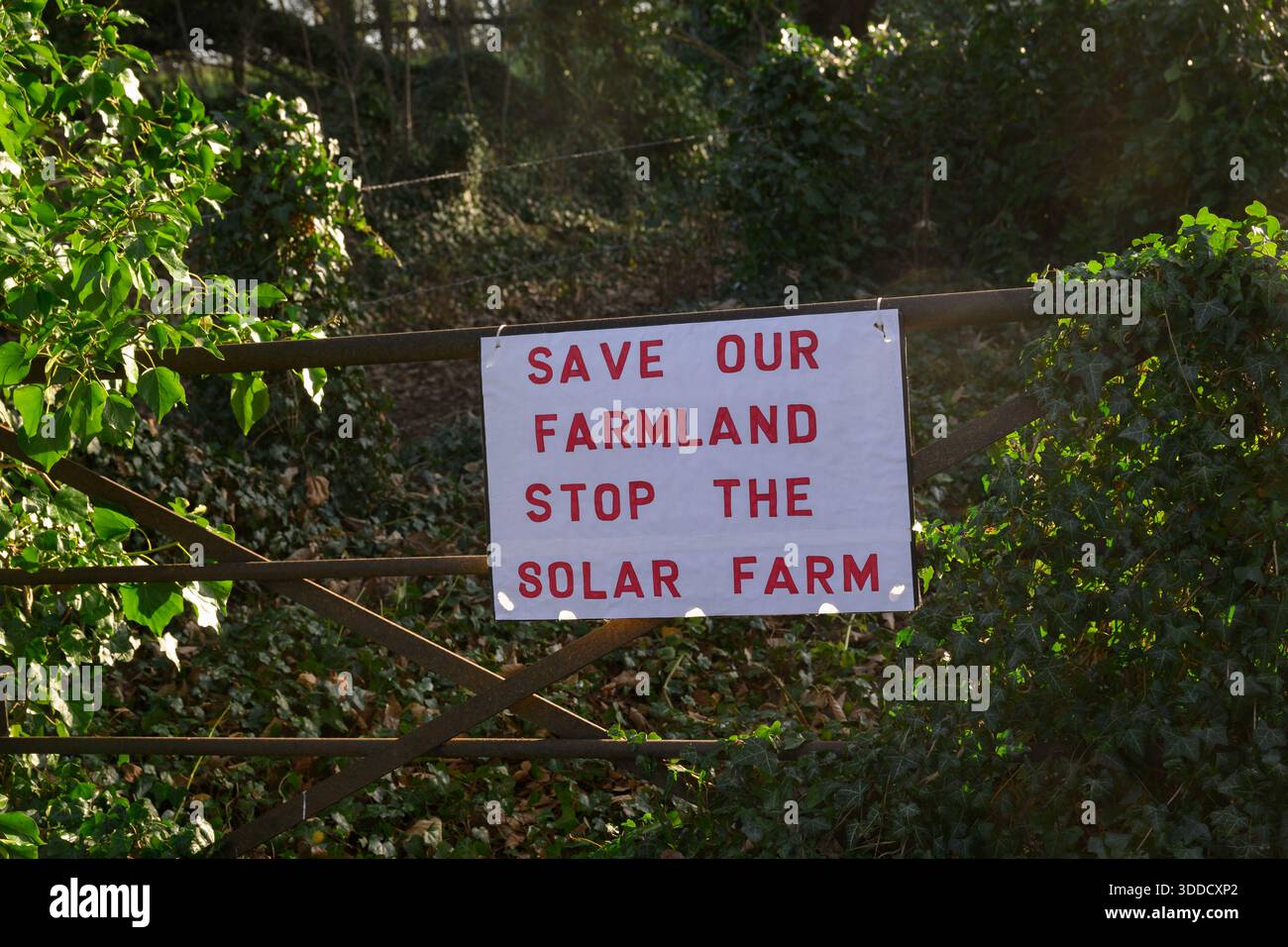 Un cartello contro la Stokes Lane Solar Farm, di 216 acri, che Solar2 prevede di costruire nei campi vicino al villaggio di Monk Sherborne, Hampshir Foto Stock