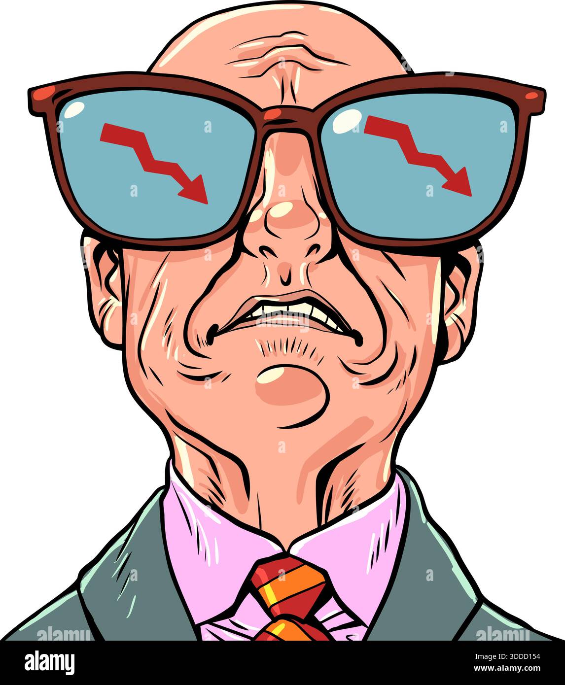 Un uomo triste e calvo. Simboli della carta rossi rivolti verso il basso. Paura degli affari. Fumetto cartoon pop art illustrazione vettoriale retrò disegno a mano. Su sfondo bianco Illustrazione Vettoriale