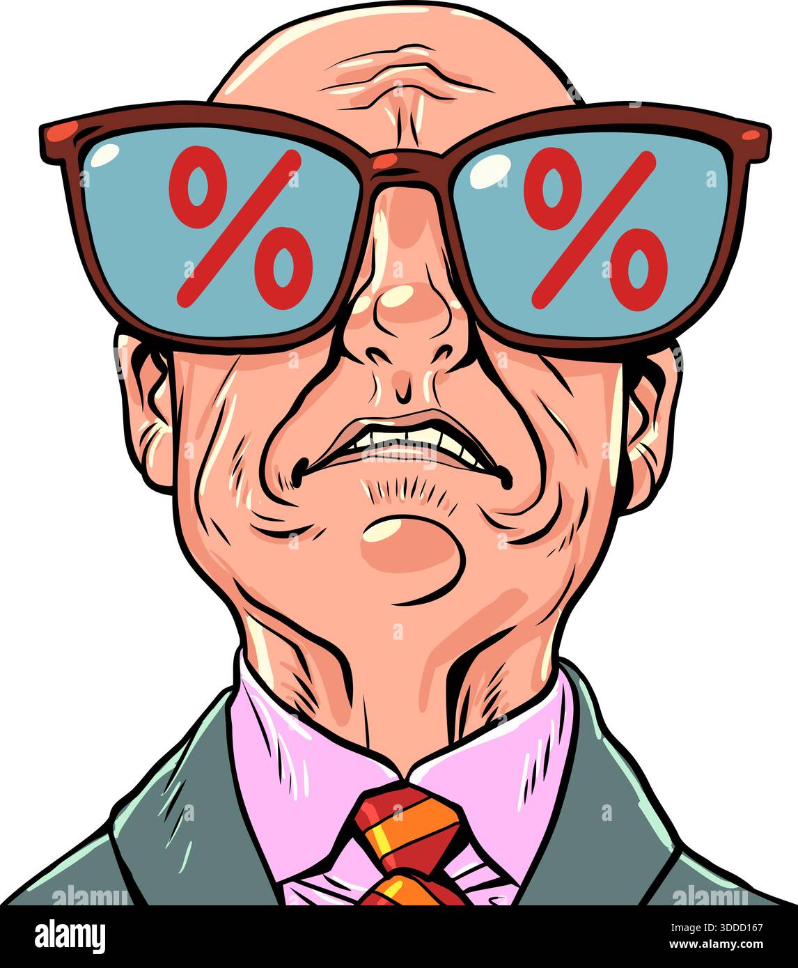 Un uomo triste e calvo. Simboli di sconto rossi. La paura di un venditore. Fumetto cartoon pop art illustrazione vettoriale retrò disegno a mano. Su sfondo bianco Illustrazione Vettoriale