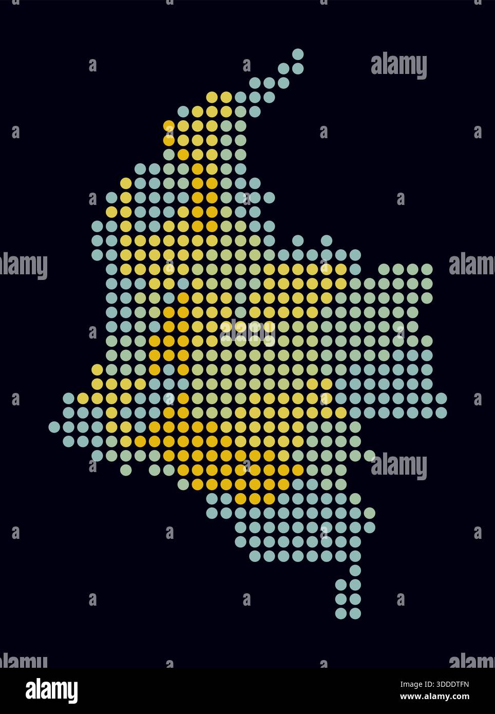 Mappa punteggiata della Colombia. Mappa digitale del paese su sfondo scuro. Forma colombiana con punti circolari. Stile puntini colorati. Cerchi di grandi dimensioni. Illustrazione Vettoriale