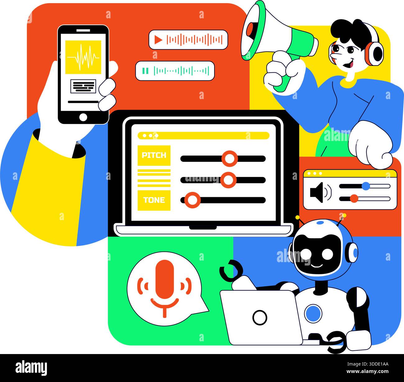 Illustrazione vettoriale degli strumenti di generazione vocale AI per la tecnologia audio digitale, la sintesi vocale e le moderne soluzioni di intelligenza artificiale Illustrazione Vettoriale