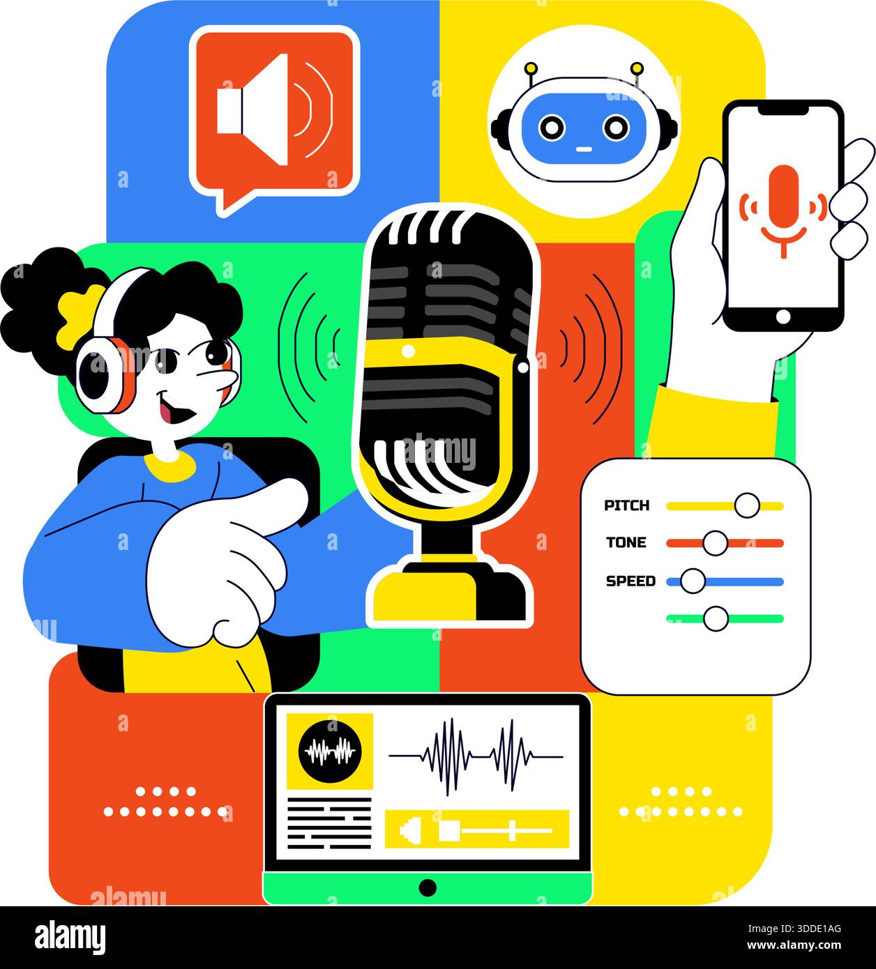 Illustrazione vettoriale degli strumenti di generazione vocale AI per la tecnologia audio digitale, la sintesi vocale e le moderne soluzioni di intelligenza artificiale Illustrazione Vettoriale