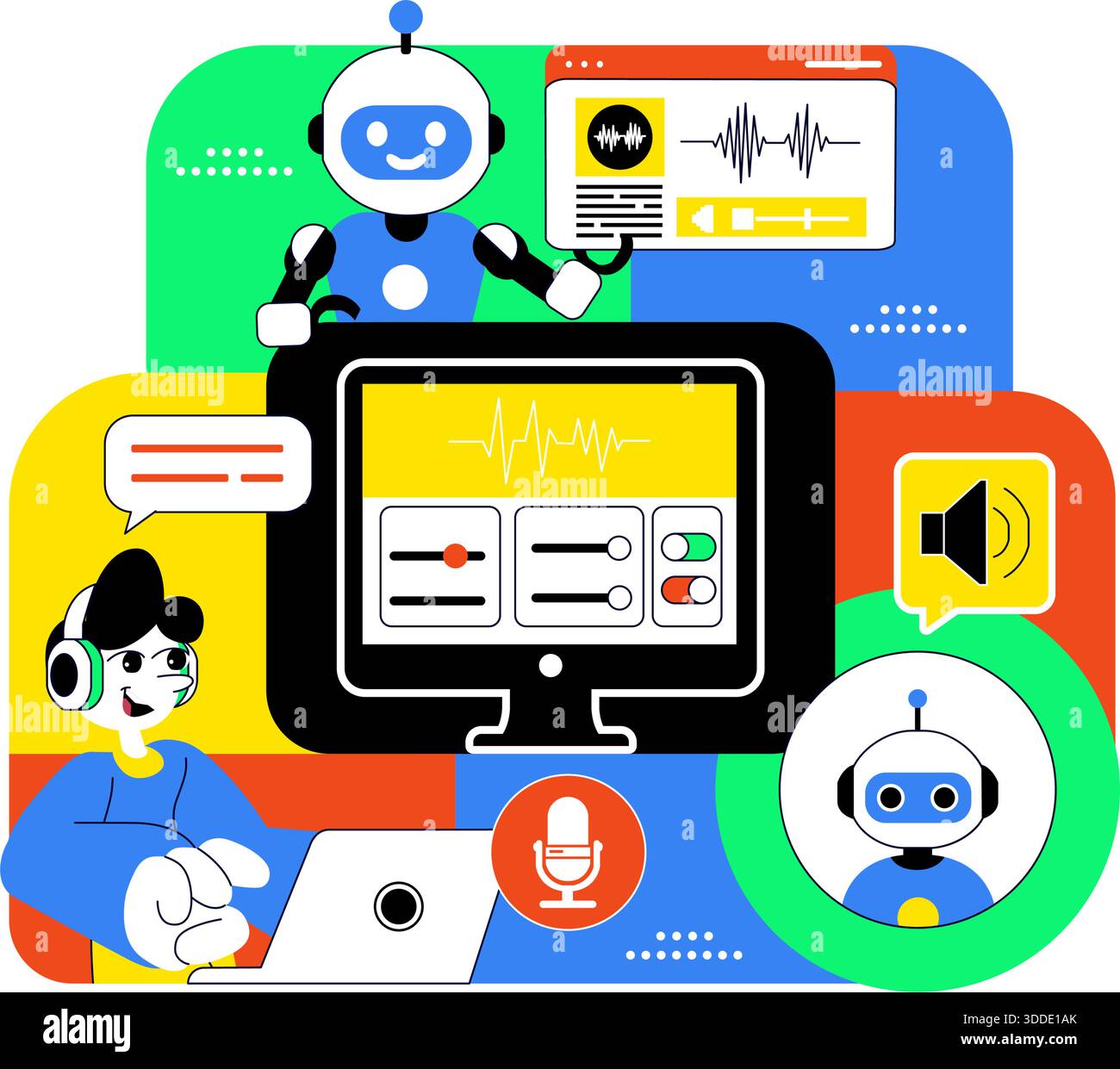 Illustrazione vettoriale degli strumenti di generazione vocale AI per la tecnologia audio digitale, la sintesi vocale e le moderne soluzioni di intelligenza artificiale Illustrazione Vettoriale